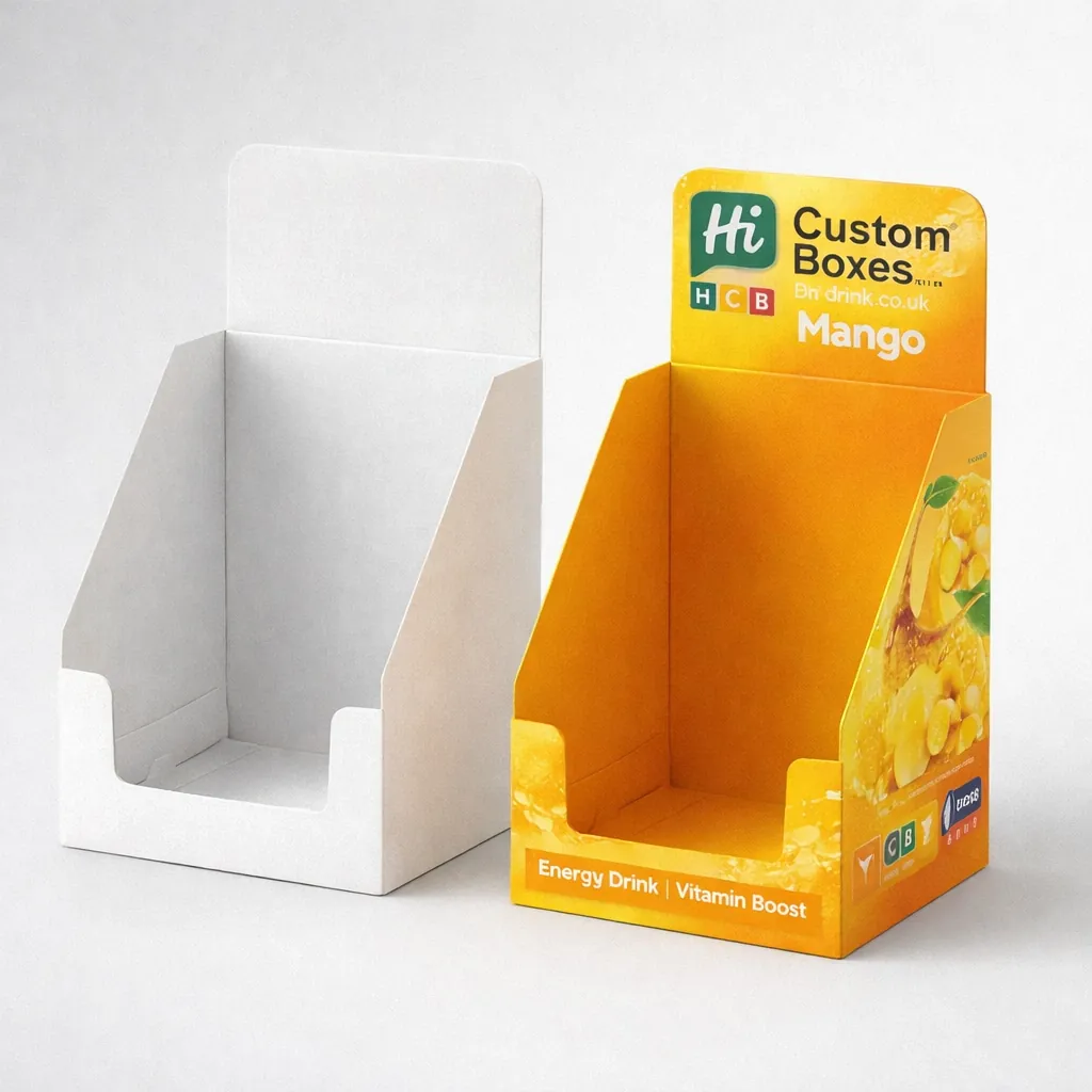 Cardboard counter display units with high-quality mango branding designed for retail point-of-sale powder packaging. class=